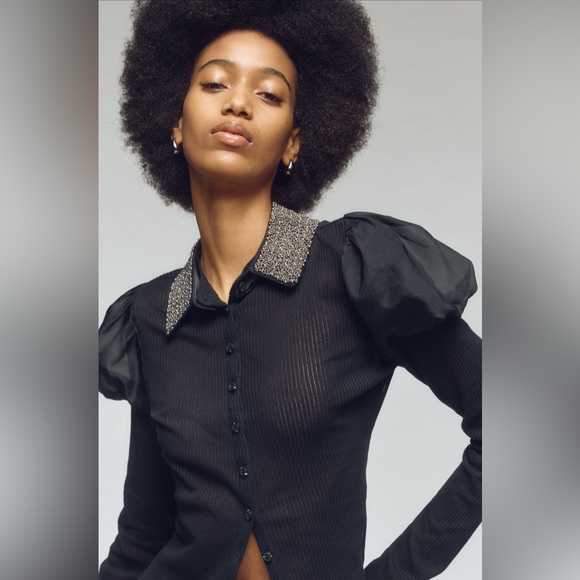 NWT Anthropologie Maeve Puff-Sleeve Buttondown Rhinestone Collar Shirt, Size XS - Picture 2 of 6